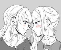 Rule 34 | 2girls, blush, byleth (female) (fire emblem), byleth (fire emblem), closed mouth, commentary request, edelgard von hresvelg, eye contact, fire emblem, fire emblem: three houses, forehead-to-forehead, greyscale, heads together, long hair, looking at another, monochrome, multiple girls, nintendo, profile, purple eyes, riromomo, smile, spot color, sweatdrop, yuri