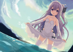 Rule 34 | 1girl, :o, azur lane, bare shoulders, black bow, black ribbon, blue sky, blush, bow, bow panties, breasts, cameltoe, clothes lift, cloud, collarbone, commentary request, criss-cross halter, day, detached sleeves, dress, dress lift, dutch angle, hair between eyes, hair bun, hair ribbon, halterneck, hifumi0413, highres, lifted by self, long hair, long sleeves, one side up, outdoors, panties, parted lips, purple eyes, purple hair, ribbon, side bun, single hair bun, single side bun, sky, small breasts, solo, thighhighs, underwear, unicorn (azur lane), very long hair, wading, water, white dress, white panties, white thighhighs