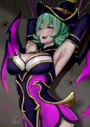 Rule 34 | absurdres, armpits, bewitching elise, black dress, black hat, black sleeves, blush, breasts, brown background, bug, detached sleeves, dress, elise (league of legends), green hair, halloween, hat, highres, large breasts, league of legends, pink dress, pink wings, short hair, signature, smile, solo, spider, two-tone dress, two-tone headwear, two-tone wings, upper body, wei miao, wings