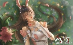 Rule 34 | 1girl, animal ears, armband, breasts, brown hair, douluo dalu, dress, flower, frilled armband, frills, from above, gleam, grass, hair ornament, highres, light particles, lying, medium breasts, on back, pinching, pink dress, ponytail, rabbit ears, rock, shiguang bu ken daoliu, solo, xiao wu (douluo dalu)