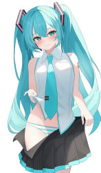 1girl absurdres aqua_eyes aqua_hair aqua_necktie arm_tattoo black_skirt blush closed_mouth hair_ornament hatsune_miku highres kakashi_okashi long_hair looking_at_another midriff necktie open_clothes open_shirt panties shirt skirt solo striped_clothes striped_panties tattoo twintails underwear undressing very_long_hair vocaloid white_background white_shirt