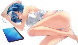 Rule 34 | 10s, 1girl, ahoge, arm up, ass, bare legs, bare shoulders, barefoot, blue hair, breasts, computer, hairband, highres, kashiwa miyako, laptop, large breasts, leg up, long legs, looking at viewer, lying, no pants, nonaka yuki, official art, on side, panties, pierre yoshio, shinmai maou no testament, solo, striped clothes, striped panties, tank top, underwear, white background, yellow eyes