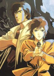 Rule 34 | 1980s (style), 1boy, 1girl, aiming, aiming at viewer, brown hair, buttons, city hunter, coat, dress, earrings, fingernails, frown, grey eyes, gun, handgun, jewelry, looking at viewer, makimura kaori, official art, oldschool, retro artstyle, revolver, saeba ryou, serious, short hair, simple background, weapon