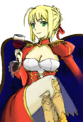 Rule 34 | 10s, 1girl, ahoge, blonde hair, braid, breasts, cleavage, corset, crossed legs, cup, drawfag, drinking glass, epaulettes, artistic error, fate/extra, fate/extra ccc, fate (series), french braid, green eyes, hair bun, hair ribbon, large breasts, nero claudius (fate), nero claudius (fate) (all), nero claudius (fate/extra), ribbon, single hair bun, sitting, wine glass