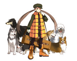 Rule 34 | boots, brown eyes, brown hair, dog, edo umi, gloves, hat, long hair, original, multiple dogs, solo, standing, suitcase, twintails