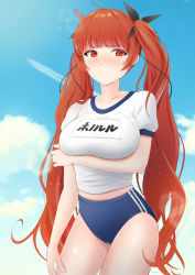 Rule 34 | 1girl, absurdres, ahoge, artist request, azur lane, blush, breasts, buruma, closed mouth, collarbone, gym shirt, gym shorts, gym uniform, hair ribbon, highres, honolulu (azur lane), large breasts, long hair, looking at viewer, name tag, red eyes, red hair, ribbon, shirt, short sleeves, shorts, solo, twintails, very long hair, white shirt