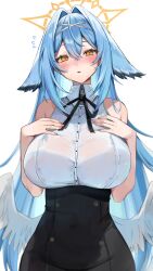 Rule 34 | 1girl, absurdres, bare arms, bare shoulders, black skirt, blue hair, blush, breasts, collared shirt, commentary, english commentary, feathered wings, flying sweatdrops, hair between eyes, hair intakes, halo, hand on own chest, head wings, high-waist skirt, highres, kamila (yuniiho), large breasts, long hair, looking at viewer, open mouth, original, shirt, simple background, skirt, solo, upper body, white background, white shirt, white wings, wings, yellow eyes, yellow halo, yuniiho