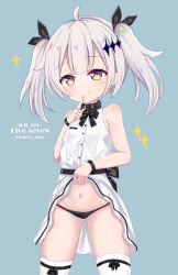 Rule 34 | 1girl, :q, aged down, ahoge, bare shoulders, black bow, black panties, black ribbon, blue background, blush, bow, brown eyes, character name, closed mouth, clothes lift, crescent, crescent earrings, dress, dress lift, earrings, finger to mouth, five-seven (adventures of fenfen) (girls&#039; frontline), five-seven (girls&#039; frontline), girls&#039; frontline, gluteal fold, groin, hair ornament, hair ribbon, hand up, head tilt, highres, jewelry, lifted by self, looking at viewer, navel, official alternate costume, panties, ribbon, satori (ymoy), silver hair, simple background, sleeveless, sleeveless dress, smile, solo, sparkle, thighhighs, tongue, tongue out, twintails, underwear, white dress, white thighhighs