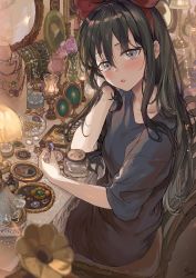 Rule 34 | 1girl, arm support, black dress, black hair, blue eyes, blush, bottle, bow, chair, desk, dress, earrings, hair bow, hand up, highres, indoors, jewelry, kiki (majo no takkyuubin), lamp, long hair, looking at viewer, majo no takkyuubin, mirror, necklace, parted lips, red bow, saya (mychristian2), short sleeves, sitting, solo