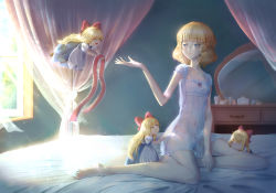 Rule 34 | 1girl, alice margatroid, alternate costume, apron, bed, bedroom, blonde hair, blue dress, blue eyes, bow, brown footwear, day, dress, dressing, expressionless, flat chest, flying, hair bow, hair ribbon, half-closed eyes, hand on another&#039;s hip, hand up, indoors, legs, light particles, light rays, lingerie, long hair, long legs, looking up, morning, negligee, open window, ribbon, see-through, shanghai doll, shoes, short hair, sitting, sleeping, smile, sunlight, toes, touhou, tree, underwear, underwear only, very long hair, waist apron, waking up, window, yokozuwari, yukari bacon