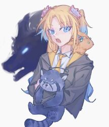 1girl alternate_universe animal animalization black_cloak blonde_hair blue_eyes blue_hair cloak collared_shirt commentary cropped_torso dress_shirt fang flower gradient_hair hair_flower hair_ornament harry_potter_(series) hinoshita_kaho hogwarts_school_uniform holding holding_animal hood hooded_cloak hoshiji hufflepuff link!_like!_love_live! long_hair love_live! multicolored_hair murano_sayaka necktie osawa_rurino parted_bangs pink_flower rabbit_on_shoulder red_panda school_uniform shirt simple_background solo symbol-only_commentary teeth twintails virtual_youtuber white_background white_shirt wizarding_world yellow_necktie