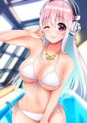Rule 34 | 1girl, ;), bikini, blurry, blush, breasts, collarbone, cowboy shot, day, depth of field, front-tie bikini top, front-tie top, gradient hair, hair between eyes, hand on own cheek, hand on own face, hand on own thigh, headphones, highres, indoors, jewelry, large breasts, leaning to the side, looking at viewer, momoko amatsuka, multicolored hair, necklace, nitroplus, one eye closed, pink eyes, pink hair, pool, rei no pool, side-tie bikini bottom, smile, solo, standing, super sonico, swimsuit, thick eyebrows, virtual youtuber, white bikini, wide hips