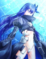 Rule 34 | 10s, 1girl, akaji (alpha0107), bad perspective, bad proportions, black coat, blue background, blue eyes, blue ribbon, bubble, coat, cowboy shot, crotch plate, fate/extra, fate/extra ccc, fate (series), hair over one eye, hair ribbon, hands in opposite sleeves, long hair, long sleeves, maebari, meltryllis (fate), navel, poorly drawn, purple hair, revealing clothes, ribbon, sleeves past wrists, smile, solo, translation request, underwater, very long hair