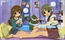 Rule 34 | 00s, 2girls, :d, aged up, barefoot, bed, bow, brown eyes, brown hair, cat hair ornament, christmas, christmas ornaments, christmas tree, coat, crop top, cup, curtains, dejiko, denim, denim skirt, di gi charat, drink, feet, flat chest, fur trim, green eyes, green hair, hair ornament, hairclip, hasegawa shin&#039;ya, holding, indoors, jewelry, leg grab, legs, long hair, looking at viewer, looking back, magazine scan, miniskirt, mug, multiple girls, necklace, night, night sky, official art, open clothes, open coat, open mouth, parted bangs, pendant, pillow, pleated skirt, profile, puchiko, scan, shadow, shirt, short hair, sidelocks, sitting, skirt, sky, smile, snow, soles, star (symbol), steam, text focus, toes, translation request, tree, turtleneck, wariza, window, winter garden