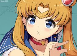 Rule 34 | 1girl, artist name, bad id, bad twitter id, bishoujo senshi sailor moon, blonde hair, blue eyes, blue sailor collar, blush, chintora0201, choker, circlet, collarbone, commentary, crescent, crescent earrings, derivative work, earrings, fang, hair ornament, heart, heart choker, jewelry, long hair, looking at viewer, meme, parted bangs, pinching gesture, red choker, sailor collar, sailor moon, sailor moon redraw challenge (meme), skin fang, solo, tearing up, twintails, upper body