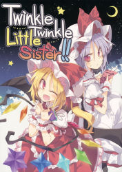 Rule 34 | 2girls, :/, ;d, blonde hair, bow, cover, cover page, crescent moon, dress, fang, fangs, flandre scarlet, frilled dress, frills, hat, hat bow, highres, light purple hair, looking at viewer, mob cap, moon, multiple girls, one eye closed, open mouth, own hands together, puffy short sleeves, puffy sleeves, red eyes, remilia scarlet, satou kibi, short hair, short sleeves, sitting, slit pupils, smile, star (sky), star (symbol), sweatdrop, tanabata, tanzaku, touhou, wings, wrist cuffs