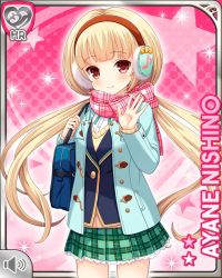Rule 34 | 1girl, backpack, bag, blazer, blonde hair, blue jacket, card, character name, closed mouth, earmuffs, girlfriend (kari), green neckwear, green skirt, headband, jacket, musical note, nishino ayane, official art, open hand, pink background, plaid, plaid skirt, qp:flapper, red eyes, scarf, school uniform, shirt, skirt, smile, standing, tagme, twintails, white shirt, winter clothes