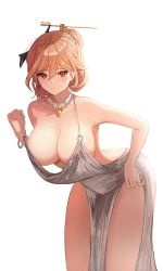 Rule 34 | 1girl, azur lane, backless dress, backless outfit, bare shoulders, blonde hair, bracelet, breasts, character request, cleavage, commission, copyright request, cosplay, dress, evening gown, hair between eyes, hair ornament, hairpin, halter dress, halterneck, jewelry, large breasts, leaning forward, long hair, looking at viewer, moth1, necklace, plunging neckline, prince of wales (azur lane), red eyes, revealing clothes, silver dress, simple background, st. louis (azur lane), st. louis (azur lane) (cosplay), st. louis (luxurious wheels) (azur lane), white background