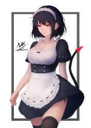 Rule 34 | 1girl, absurdres, apron, artist logo, artist name, black-haired demon girl (shimmer), black hair, black thighhighs, breasts, buttons, cleavage, collarbone, cowboy shot, demon girl, demon horns, demon tail, double-breasted, dress, earrings, highres, horns, jewelry, maid, maid headdress, original, panties, puffy sleeves, red eyes, shimmer, short hair, short sleeves, side-tie panties, signature, solo, tail, thighhighs, underwear, waist apron, white apron, white background