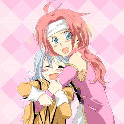 Rule 34 | 00s, 1boy, 1girl, bare shoulders, blue eyes, blush, capelet, coat, elbow gloves, closed eyes, gloves, headband, long hair, open mouth, pants, red hair, raine sage, short hair, silver hair, tales of (series), tales of symphonia, zelos wilder