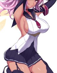 Rule 34 | 1girl, armpits, arms up, black thighhighs, breasts, covered navel, dark-skinned female, dark skin, garter straps, large breasts, magical girl, miyamoto issa, mole, mole under eye, original, parted lips, pink eyes, pink hair, pleated skirt, sailor collar, sailor shirt, shirt, sideboob, skirt, solo, symbol-shaped pupils, thighhighs, unfinished