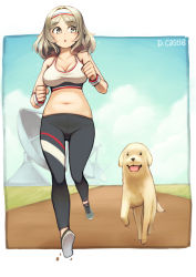 Rule 34 | 1girl, absurdres, belly, blonde hair, breasts, dog, dragoncastle, exercising, girls&#039; frontline, highres, k3 (girls&#039; frontline), large breasts, midriff, navel, pants, running, shoes, solo, sports bra, stomach, sweatband, wristband, yoga pants