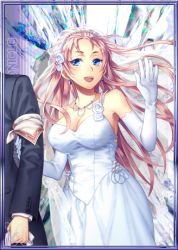 Rule 34 | 00s, 1boy, 1girl, blue eyes, breasts, cleavage, copyright name, dress, earrings, elbow gloves, formal, gloves, holding, jewelry, juliana eberhardt, large breasts, long hair, lowres, official art, open mouth, pink hair, senjou no valkyria, senjou no valkyria (series), senjou no valkyria 2, suit, wedding dress, white dress, white gloves, yamigo, zeri (senjou no valkyria)