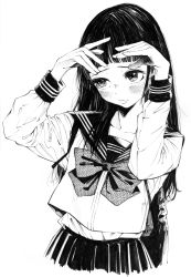 Rule 34 | 1girl, absurdres, arms up, black hair, black skirt, blue sailor collar, blush, bow, bowtie, closed mouth, commentary request, gagaimo, greyscale, highres, long hair, long sleeves, looking to the side, monochrome, nose blush, original, pleated skirt, sailor collar, school uniform, serafuku, shirt, simple background, skirt, solo