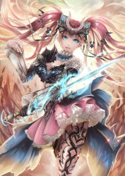 Rule 34 | 1girl, black gloves, black legwear, blue eyes, breasts, cleavage, floating hair, frilled skirt, frills, gem, glint, gloves, glowing, glowing sword, glowing weapon, hair ornament, headpiece, highres, horns, jewelry, long hair, looking at viewer, original, parted lips, pink hair, pink skirt, red gemstone, skirt, smile, solo, sword, teeth, twintails, very long hair, weapon, xxxpechkaxxx