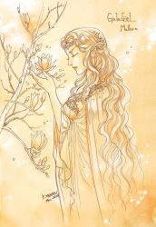 Rule 34 | 1girl, branch, character name, dated, elf, closed eyes, flower, from side, galadriel, hands up, highres, kazuki-mendou, tolkien&#039;s legendarium, long hair, monochrome, pointy ears, profile, robe, signature, solo, the lord of the rings, very long hair, yellow theme