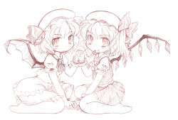 Rule 34 | 2girls, ascot, bat wings, dress, fang, flandre scarlet, hat, holding hands, looking at viewer, mob cap, monochrome, multiple girls, puffy sleeves, remilia scarlet, siblings, side ponytail, sisters, sitting, sketch, smile, tachikawa, touhou, vampire, wings, wrist cuffs