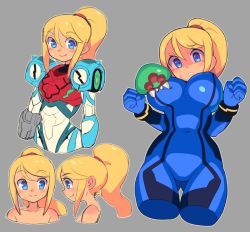 Rule 34 | 1girl, arm cannon, blonde hair, blue eyes, bodysuit, breast biting, covered erect nipples, covered navel, cropped legs, gluteal fold, grey background, metroid, metroid (creature), metroid dread, nintendo, ponytail, power suit, samus aran, simple background, slammo, smile, thigh gap, weapon, zero suit