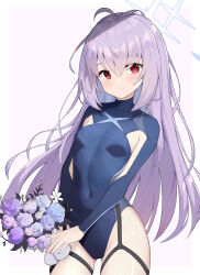 Rule 34 | 1girl, absurdres, ahoge, atsuko (blue archive), blue archive, blue halo, blue leotard, blush, border, bouquet, breasts, closed mouth, cowboy shot, flower, groin, hair between eyes, halo, highres, holding, holding bouquet, leotard, long hair, long sleeves, looking at viewer, pink flower, pu ht, purple flower, purple hair, red eyes, small breasts, smile, solo, white border