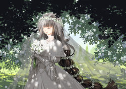Rule 34 | 1girl, blue sky, blunt bangs, bouquet, bracelet, brown hair, closed eyes, dappled sunlight, day, dress, elbow gloves, facing viewer, flower, gloves, head wreath, holding, holding bouquet, jewelry, lily (flower), long hair, long neck, necklace, noah fantasy, official art, outdoors, seeker, sky, solo, standing, sunlight, tree, veil, very long hair, wedding dress, white gloves