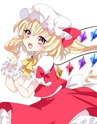 Rule 34 | 1girl, absurdres, back bow, blonde hair, bow, bowtie, chiyori (soleilandiris), collared shirt, cowboy shot, crystal, flandre scarlet, frilled bowtie, from side, hair between eyes, hand on own arm, happy, head tilt, highres, index finger raised, large bow, long hair, looking at viewer, looking to the side, multicolored wings, one side up, open mouth, puffy short sleeves, puffy sleeves, red bow, red eyes, red skirt, red vest, shirt, short sleeves, skirt, skirt set, sleeve bow, solo, touhou, vest, white background, white bow, white headwear, white shirt, wings, wrist cuffs, yellow bow, yellow bowtie