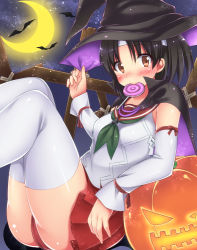 Rule 34 | 10s, 1girl, bat (animal), black hair, blush, brown eyes, candy, cape, crescent moon, detached sleeves, food, halloween, hat, headband, highres, jack-o&#039;-lantern, kantai collection, lollipop, looking at viewer, moon, mouth hold, nagara (kancolle), pleated skirt, school uniform, serafuku, short hair, sitting, sk02, skirt, smile, solo, thighhighs, white thighhighs, witch hat