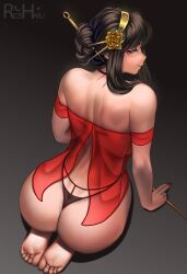 Rule 34 | 1girl, absurdres, artist name, ass, back, backboob, bare shoulders, black hair, black panties, breasts, choker, commentary, dagger, english commentary, feet, full body, gold hairband, hair bun, hair ornament, hair stick, hairband, highres, knife, large breasts, lingerie, long hair, looking at viewer, looking back, negligee, panties, parted lips, red choker, red eyes, red nails, red negligee, rezeharu, seiza, sidelocks, simple background, sitting, smile, solo, spy x family, stiletto (weapon), string panties, toes, underwear, weapon, wide hips, yor briar