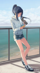 Rule 34 | 10s, 1girl, against railing, blue eyes, blue hair, breasts, cellphone, clothes writing, cloud, cloudy sky, day, digital media player, earbuds, earphones, english text, expressionless, full body, hood, hooded sweater, hoodie, horizon, huanxiang heitu, leaning back, looking down, love live!, love live! school idol festival, love live! sunshine!!, matsuura kanan, outdoors, phone, ponytail, railing, shoes, short shorts, shorts, sidelocks, sky, small breasts, smartphone, sneakers, socks, solo, sweater, thermos, watermark, web address