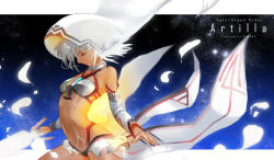 Rule 34 | altera (fate), arched back, artist name, black nails, breasts, character name, copyright name, dark-skinned female, dark skin, detached sleeves, closed eyes, fate/grand order, fate (series), feathers, from side, full-body tattoo, halterneck, halterneck, headdress, highres, holding, holding sword, holding weapon, nail polish, navel, photon ray (fate), profile, revealing clothes, small breasts, solo, sword, tattoo, weapon, white hair, xiaobang