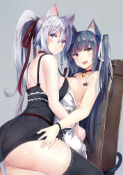 Rule 34 | 2girls, :d, animal ear fluff, animal ears, bare arms, bare shoulders, bell, black dress, black hair, black ribbon, breast press, breasts, cat ears, cat girl, cat tail, choker, cleavage, closed mouth, collarbone, commentary request, dress, fang, grey background, hair ribbon, highres, irohara, jingle bell, large breasts, long hair, looking at viewer, looking back, multicolored hair, multiple girls, open mouth, original, pink hair, ponytail, red choker, red ribbon, ribbon, shoulder blades, sidelocks, silver hair, simple background, sitting, sleeveless, sleeveless dress, smile, spaghetti strap, strap gap, streaked hair, symmetrical docking, tail, two side up, v-shaped eyebrows, very long hair, white dress, white ribbon, wrist ribbon