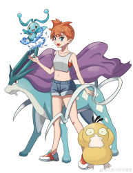 Rule 34 | 1girl, absurdres, adapted costume, artist request, asymmetrical hair, bare legs, blue eyes, breasts, creatures (company), denim, denim shorts, game freak, gen 1 pokemon, gen 2 pokemon, gen 4 pokemon, gym leader, highres, legendary pokemon, legs, manaphy, misty (pokemon), mythical pokemon, nintendo, orange hair, pokemon, pokemon lgpe, ponytail, psyduck, shirt, short hair, short shorts, shorts, side ponytail, smile, source request, suicune, white shirt