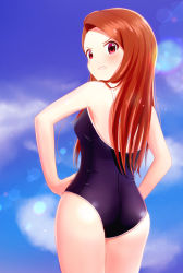 Rule 34 | 1girl, back, bad id, bad pixiv id, blue one-piece swimsuit, blue sky, blurry, blurry background, blush, breasts, brown hair, clenched teeth, cloud, competition school swimsuit, cowboy shot, day, depth of field, hands on own hips, highres, idolmaster, idolmaster (classic), legs together, lens flare, long hair, looking at viewer, minase iori, one-piece swimsuit, outdoors, red eyes, runmo77, school swimsuit, scowl, shiny clothes, sky, small breasts, solo, standing, swept bangs, swimsuit, teeth, thighs, v-shaped eyebrows, very long hair