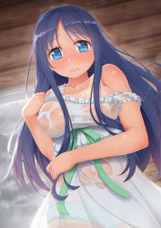 Rule 34 | 1girl, 3:, aigae yuzuha, bare arms, blue eyes, blue hair, blush, breasts, collarbone, commentary request, dress, frown, green panties, highres, long hair, looking at viewer, medium breasts, panties, rain, see-through, solo, strap slip, striped clothes, striped panties, sundress, tachimi (basue), tan, tanline, taut clothes, taut dress, tears, tenshi no 3p!, underwear, wet, wet clothes, wet hair, white dress