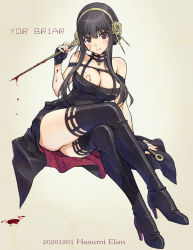 Rule 34 | 1girl, artist name, bigpink, black dress, black footwear, black gloves, black hair, black thighhighs, blood, blood on face, bloody weapon, blush, boots, breasts, cleavage, closed mouth, commentary, crossed legs, dated, dress, earrings, fingerless gloves, flower, full body, gloves, gold, grey background, hair flower, hair ornament, hair stick, hairband, high heel boots, high heels, holding, holding weapon, invisible chair, jewelry, large breasts, long hair, looking at viewer, needle, off-shoulder dress, off shoulder, pinup (style), red eyes, red soles, sidelocks, simple background, sitting, sleeveless, sleeveless dress, smile, solo, spy x family, thigh boots, thighhighs, thighs, throwing needles, two-sided dress, two-sided fabric, weapon, yor briar