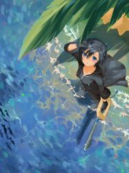 Rule 34 | 1girl, :o, absurdres, beach, black coat, black coat (kingdom hearts), black footwear, black gloves, black hair, blue eyes, coat, commentary request, day, food, fruit, gloves, highres, holding, holding weapon, hood, hood down, hooded coat, kawame626, keyblade, kingdom hearts, kingdom hearts 358/2 days, kingdom key, looking at viewer, looking up, outdoors, palm tree, paopu fruit, sand, shadow, shoes, short hair, solo, tree, water, weapon, xion (kingdom hearts)