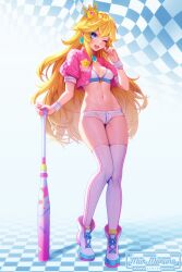 Rule 34 | 1girl, alternate costume, artist name, baseball bat, blonde hair, blue eyes, blush, boots, breasts, earrings, full body, highres, holding, holding baseball bat, jewelry, knees together feet apart, legs, long hair, looking at viewer, mario (series), medium breasts, micro shorts, murmoruno, navel, nintendo, one eye closed, open mouth, princess peach, race queen, shorts, smile, solo, super mario bros. 1, super star (mario), thighhighs, white footwear, white shorts, white thighhighs, white wristband