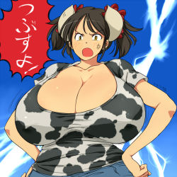 Rule 34 | 1girl, anger vein, angry, animal print, bad id, bad pixiv id, bouncing breasts, breasts, cleavage, cow girl, cow horns, cow print, denim, gigantic breasts, grey horns, hands on own hips, hataraki ari, horns, jeans, looking at viewer, motion lines, open mouth, original, pants, shirt, short hair, solo, standing, sukimi, taut clothes, taut shirt, translation request, twintails, upper body, yellow eyes