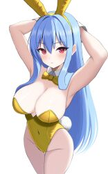 Rule 34 | 1girl, animal ears, armpits, arms behind head, arms up, bare shoulders, blue hair, blush, bow, bowtie, breasts, cleavage, closed mouth, commentary, covered navel, cowboy shot, detached collar, dolphin wave, fake animal ears, fake tail, groin, hair between eyes, hairband, highleg, highleg leotard, highres, large breasts, leotard, long hair, looking at viewer, nayuki hiori, playboy bunny, rabbit ears, rabbit tail, red eyes, sidelocks, simple background, solo, standing, strapless, strapless leotard, surippa1010, tail, thigh gap, very long hair, white background, wrist cuffs, yellow bow, yellow bowtie, yellow hairband, yellow leotard