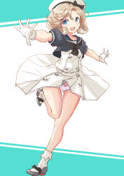Rule 34 | 1girl, blonde hair, blue eyes, blue sailor collar, commentary request, dress, fuji (pixiv24804665), full body, gloves, hat, highres, janus (kancolle), kantai collection, left-handed, looking at viewer, outstretched arms, panties, parted bangs, running, sailor collar, sailor dress, sailor hat, short hair, solo, underwear, white dress, white gloves, white hat, white panties