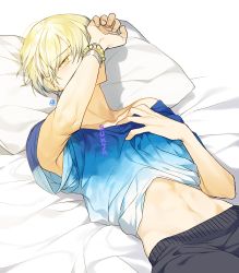 Rule 34 | 1boy, armpits, bead bracelet, beads, bed, bed sheet, blonde hair, blush, bracelet, clothes lift, collarbone, covering face, earrings, gradient clothes, hair between eyes, hand on own chest, jewelry, king of prism, king of prism by prettyrhythm, kisaragi louis, lying, male focus, midriff, navel, off-shoulder shirt, off shoulder, on back, on bed, pants, pillow, pretty rhythm, pretty series, shirt, shirt lift, single earring, solo, sukja, sweatpants, yellow eyes